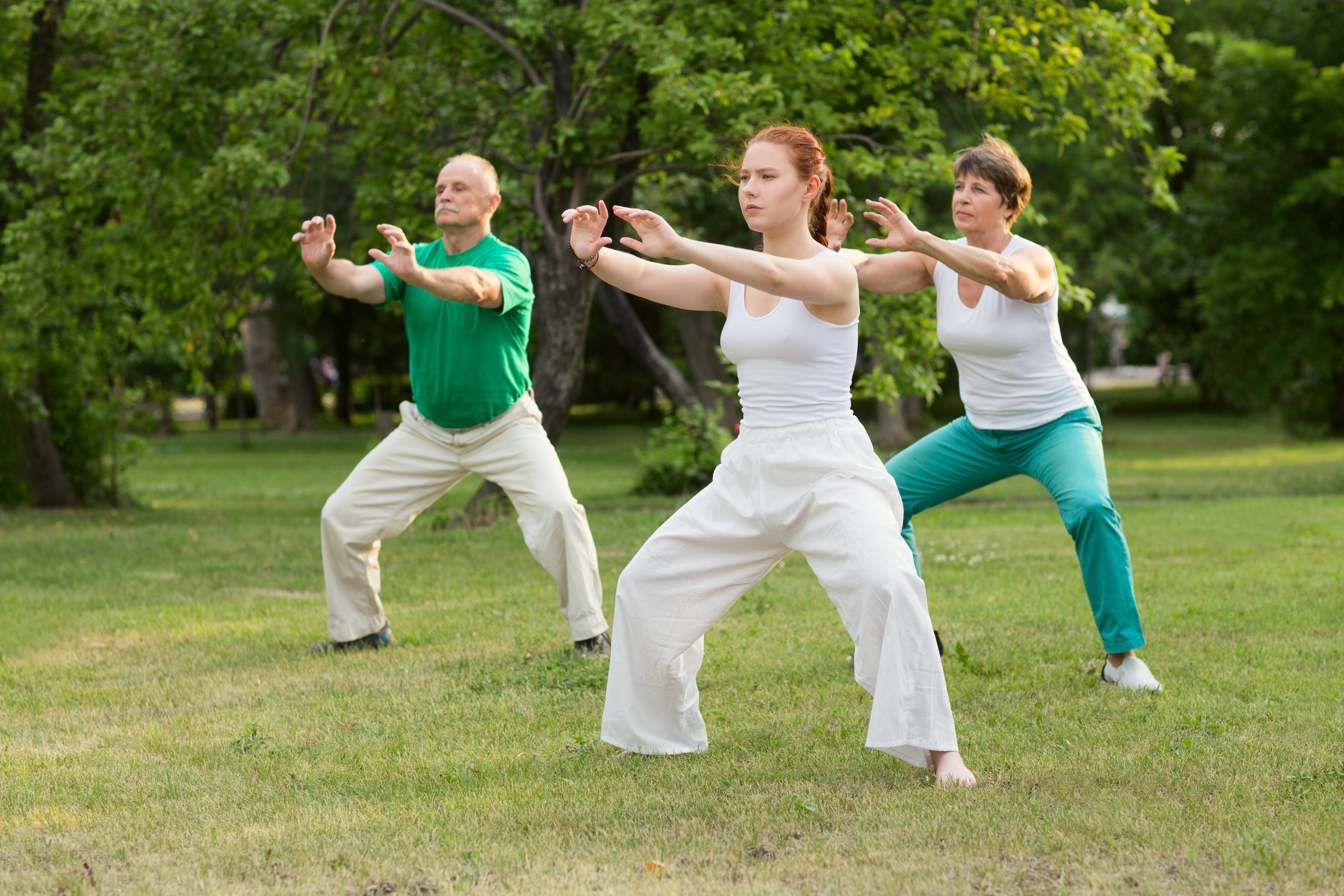 group of people practice Tai Chi Chuan in a park.  Chinese management skill Qi's energy.